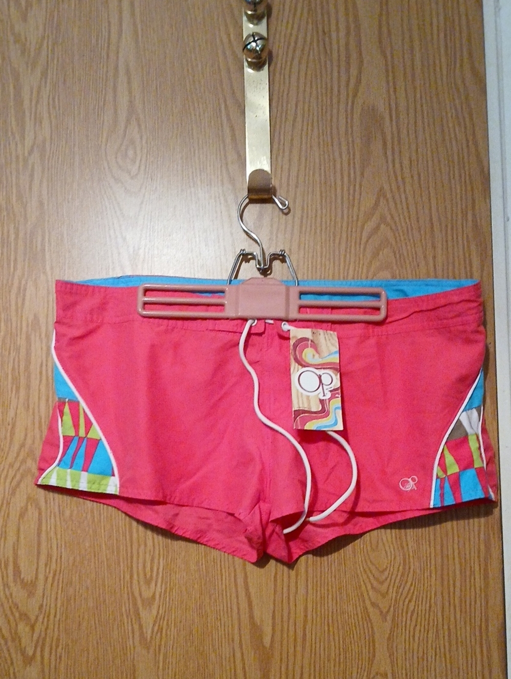 OP Hot Pink Y2K Swim Trunks with Turquoise Waistband and Multicolor Side Panels